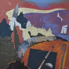 Steve Slimm Original Mixed Media Painting Collage Art Cornish Harbour