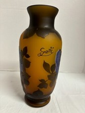 Emile Galle' "Tip" Vase w/ Floral Purple & Leaves Raised Pattern 10.5" **READ**