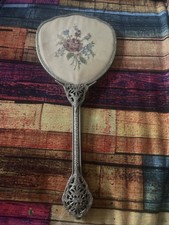 Vintage Embroidered Floral Hand Mirror – Ornate Silver-Tone Filigree Handle