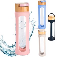 HYDRATE Glass Water Bottles - Leakproof Reusable - Silicone Sleeve, Wide Mouth,