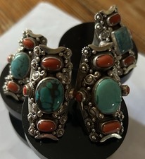 Nepalese Old Turquoise And Coral Saddle Rings Handmade 925 Silver