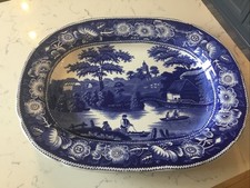 LARGE VICTORIAN ANTIQUE,BLUE AND WHITE MEAT PLATE , WILD ROSE PATTERN.