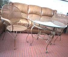 Vintage Rattan Patio Table And Chairs Cast Iron Gold Finish Regency Art Deco