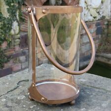 Industrial Glass Cylinder Hurricane Candle Lantern with Handle in Copper Finish