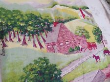 2 Vintage Grandma Moses Country Farm Barkcloth Fabric Family Home Rare Pattern