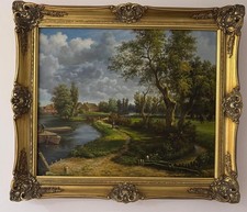 Vintage large oil painting on canvas River landscape figures signed framed