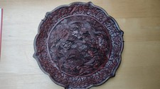 VINTAGE CHINESE CINNABAR PLATTER 8.5 inches Detailed With Brass Trim