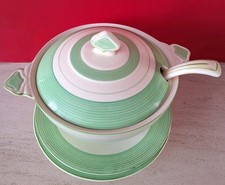 Newhall Hanley Nirvana 1000 Art Deco sm Tureen & 3 Plates Green Silver Stripes.