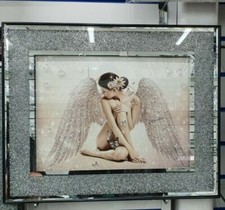 SITTING ANGEL WITH WHITE WINGS MODERN GLITTER LIQUID ART WALL ART CHROME LOOK