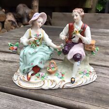 Old Vintage Dresden Sitzendorf Seated Floral Courting Couple - Bird & Birdcage