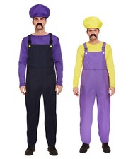 Mens Wario & Waluigi Fancy Dress Outfit Super Villain Overalls Game Costume
