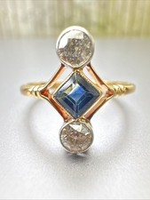 Antique  Art  Nouveau 18ct Yellow Gold Sapphire & Diamond 3 Stone Ring Size P