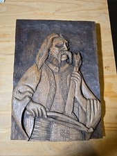 Vintage Folk Art Carved Wooden Wall Hanging Plaque Man with Musical Instrument