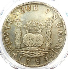 1754/3 Peru Pillar Dollar 8 Reales Silver Coin 8R - Certified PCGS XF Detail EF