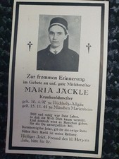 original german ww2 Death Card  Nurse Maria Jäckle 15 Nov 1944 Munich DRK
