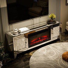 Fireplace TV Stand Mirrored Silver Entertainment Unit with Storage TV Console