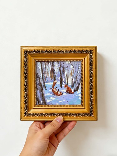 Two playful red foxes - two, snowy