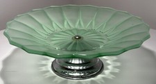 Art Deco Green Glass Cake Stand Fruit Dish 1930’s Decorative Ornamental