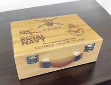 British Armed Forces Engraved Wooden Parade/Memorabilia Box, Army, Navy & RAF