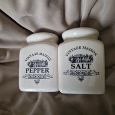 Vintage Maison Salt & Pepper Shakers Cream Black Ceramic Condiments  Spice Pots
