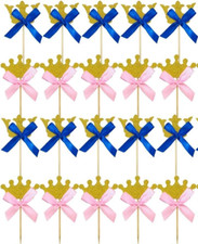 Baby Shower Cake Toppers x20 Crown Blue Pink Bow Party Happy Decor Gender Reveal