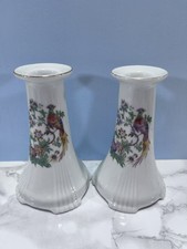 Vintage Czechoslovakia Porcelain Candle Holders - Pair - Bird & Floral Design