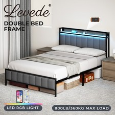 Levede Double Bed Frame Upholstered Headboard Metal Mattress Base LED Lights USB