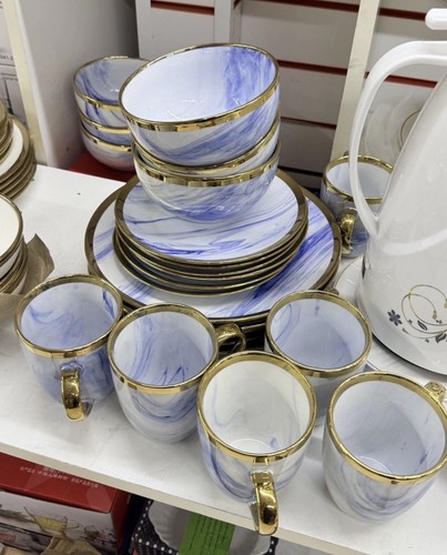 24piece ceramic blue marble - ceramic,