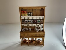 Miniature Wooden Dresser with Tea Set, Copper Pans & Food – 1:12 Scale