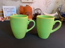 2 x RAYWARE Green Ceramic Mugs Yellow Rim 11cm Tall VGC