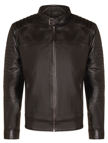 Mens black leather biker - black,