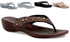 LADIES LOW WEDGE HEEL SANDAL COMFORT DIAMANTE FLIP FLOPS OUTDOOR SUMMER SIZE 4-8