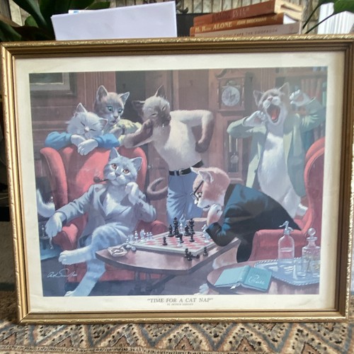 Cat playing chess painting - playing,