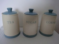 SET OF 3 KITCHEN CERAMIC CANNISTERS  TEA / COFFEE / SUGAR SKY BLUE BASE & TOP