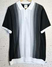 Next Black White Retro Knit Zip Polo Shirt L Short Sleeve Mod Casual Top