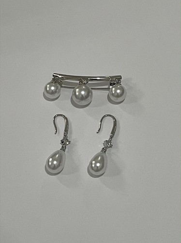 Pearl drop earrings and brooch - pearl,