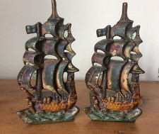 TWO VINTAGE COLD PAINTED BRONZE BOOK ENDS GALLEON TALL SHIP  " REVENGE" NAUTICAL