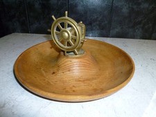 VINTAGE BRASS SHIPS WHEEL NUTCRACKER ON WOODEN BOWL 29CM ACROSS THE MIDDLE