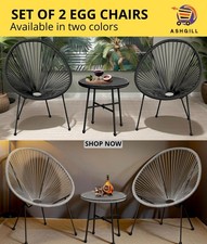 Egg Chair 3pc Outdoor Bistro Set  Garden Patio Chairs + Coffee Table Rattan UK