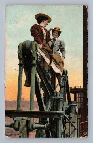 Women posing oil well pump - posing,