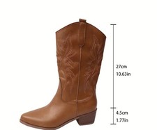 Womens Western Mid Calf Cowgirl Boots Ladies Embroidered Chunky Heel Warm Shoes