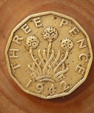 Exremely Rare 1942 Three Pence  British Coin Queen Elizabeth II Brass 3D England