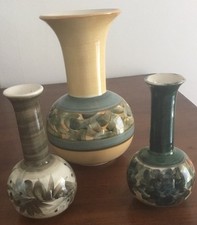 Vintage Jersey Pottery Small Bud Posy Vases X 3 - Cream, Green & Grey Ground