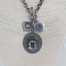 Silver Tone Chunky Pendant Necklace Belcher Chain Distressed Look