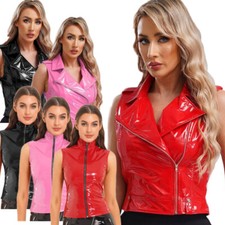 UK Womens PVC Leather Vest Zipper Crop Tops Sleeveless Club Motorcycle Waistcoat