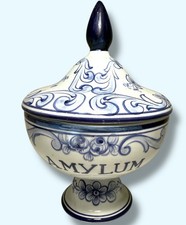 Antique Amylum Apothecary Jar Pedastel Bowl Blue & White Drug Container Vintage 
