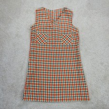 Vintage 60s Shift Dress Womens Small Orange Houndstooth Wool Mod Mini Retro