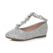 Girls kids childrens T-bar glitter party bridesmaid shoes ballet flats size