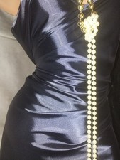 VTG SATIN SHINY CABERNET BLUE POCKETS HOLLYWOOD BABYDOLL NIGHTGOWN LUX M