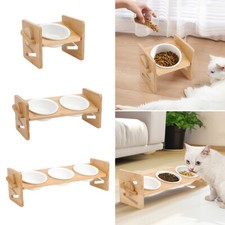 Cat Dog Bowl Raised Bamboo Stand Puppy Kitten Pet Feeder Feeding Food and Water